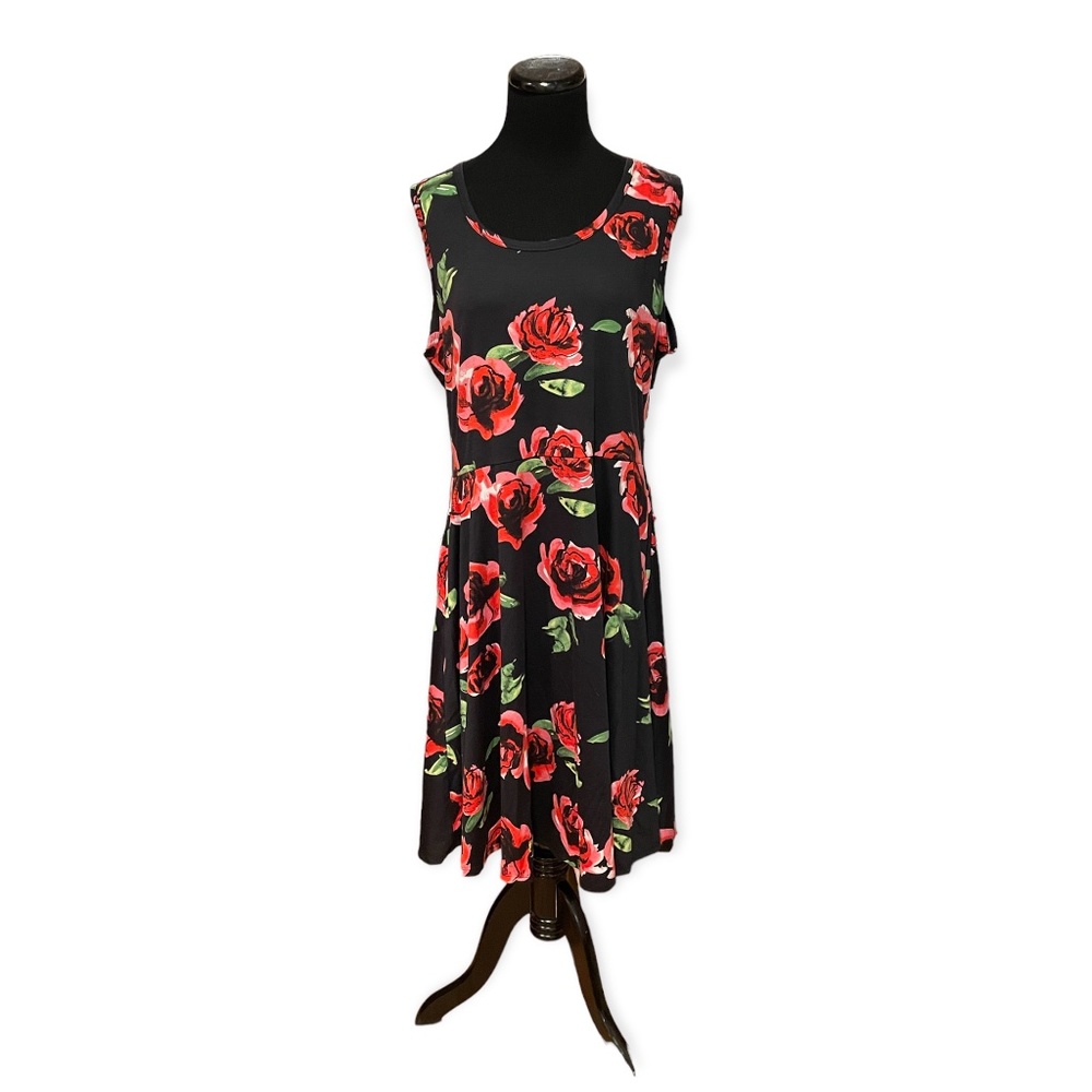 LuLaRoe Black Midi Dress with Red Rose Print